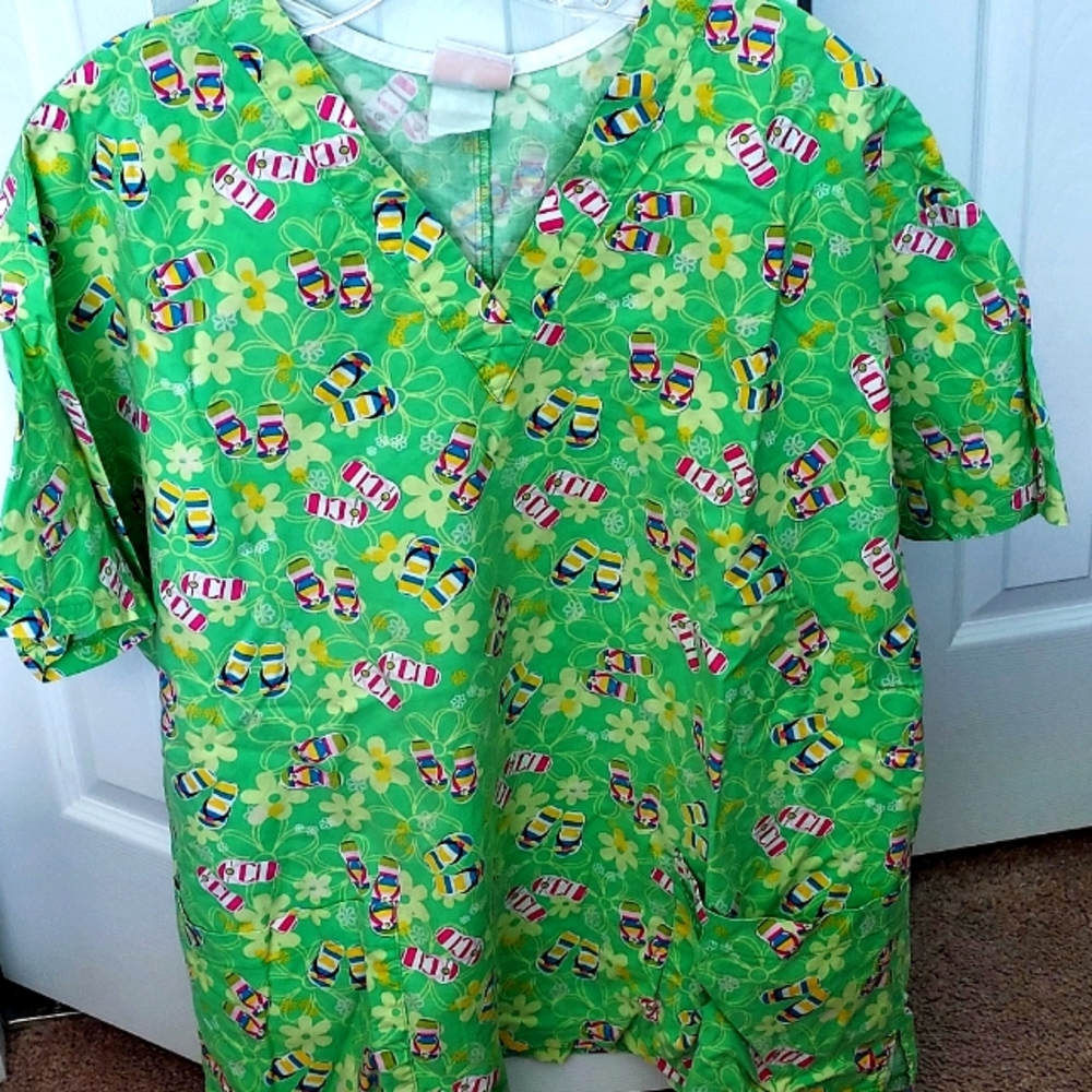 Colorful Green Scrub Top with Flip Flop Print